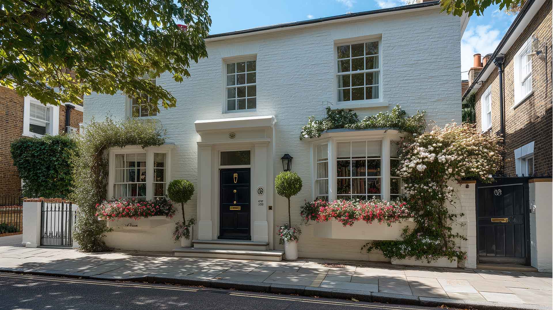 Renovated white brick house with plants featuring pebblecrete over existing concrete for improved curb appeal.
