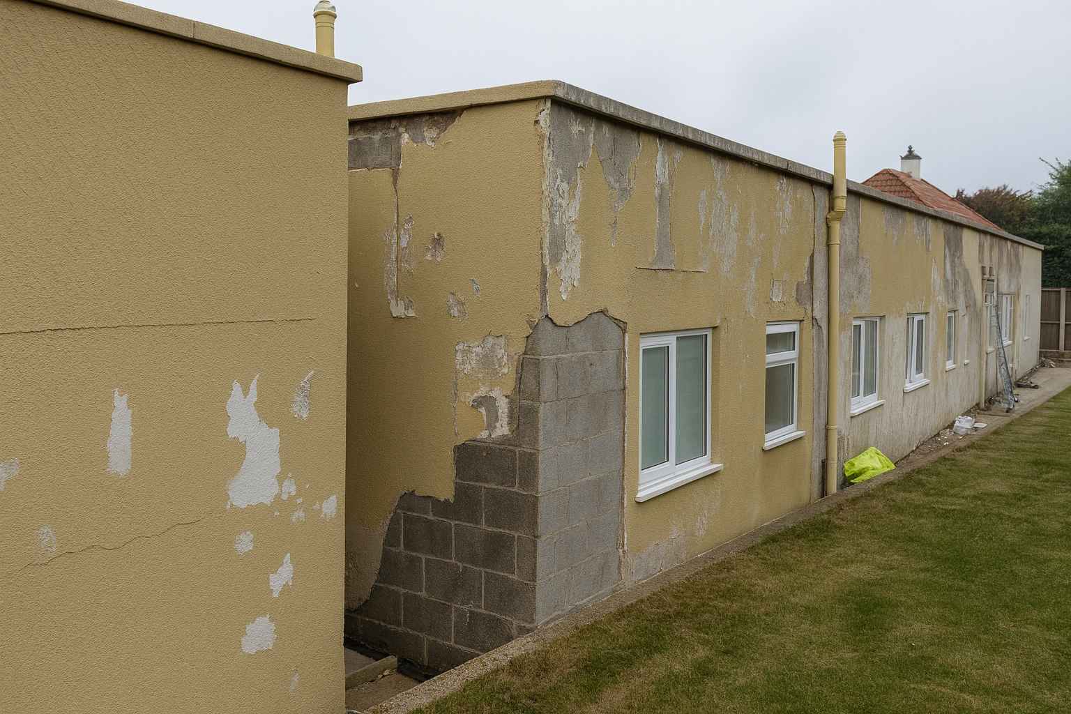Peeling exterior render on side wall showing cracks and damage needing professional repair.