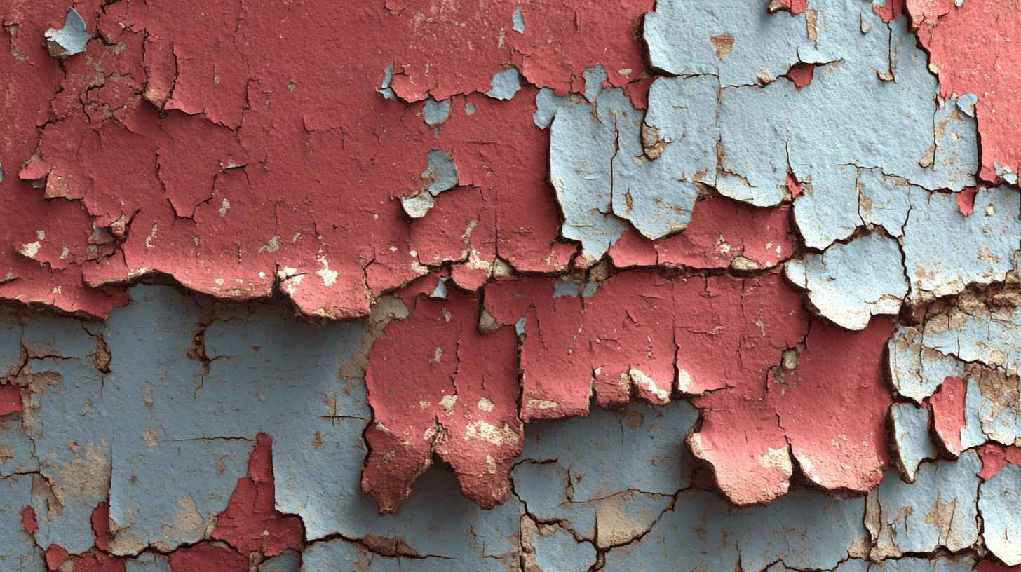 Peeling paint on old masonry wall exposing layers of red and blue coating