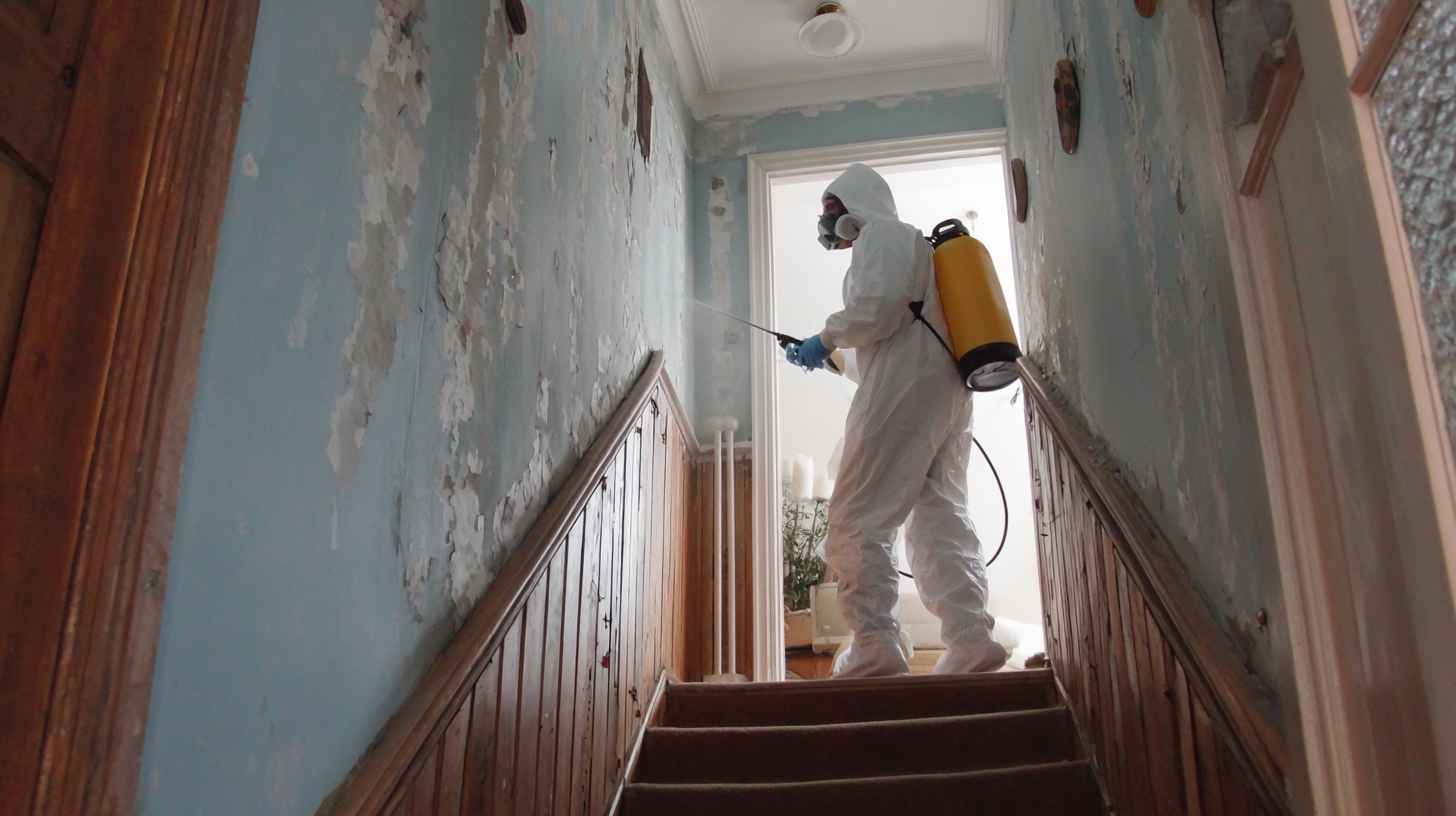 Professional removing black mould from walls using spray treatment to get rid of black mould
