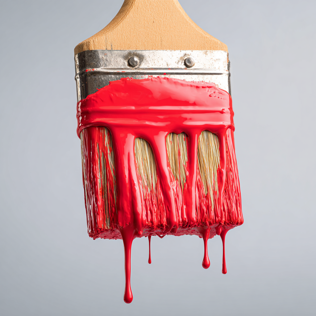 Close-up of red paint dripping from brush used for decorating house exterior