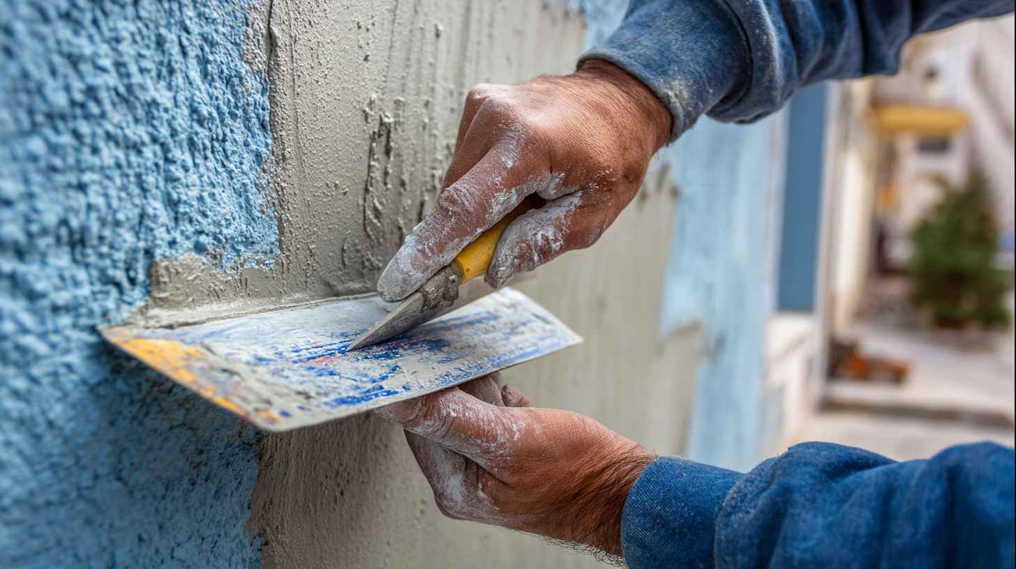 Tradesperson smoothing fresh plaster on exterior wall as part of a render repair restoration job.