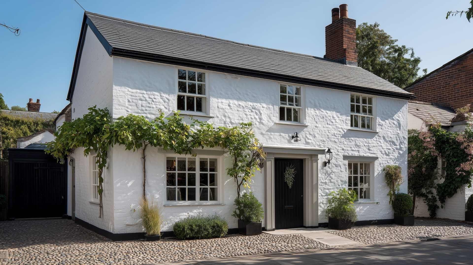 rendered white cottage with black door, cobblestone path, and climbing greenery on exterior walls