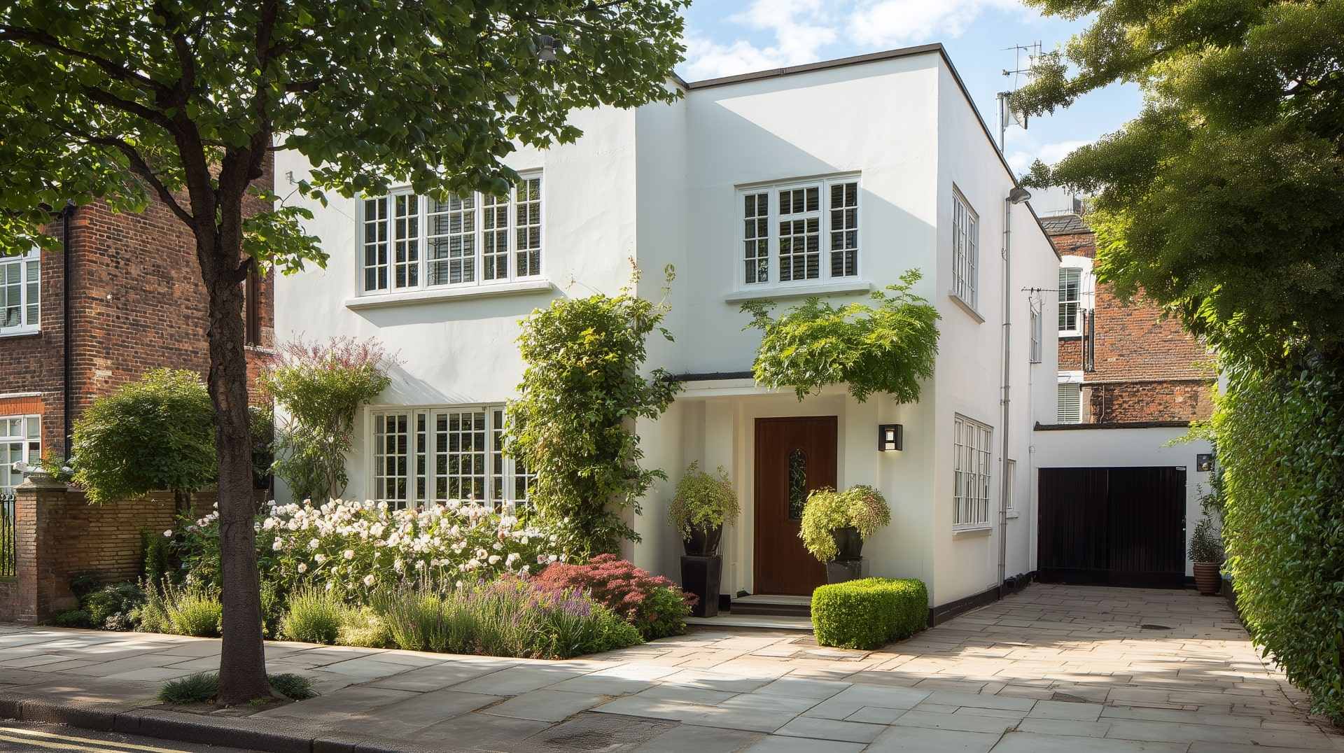 A beautifully renovated, white exterior house in London with Art Deco features, large windows, a wooden door, and a mature front garden.
