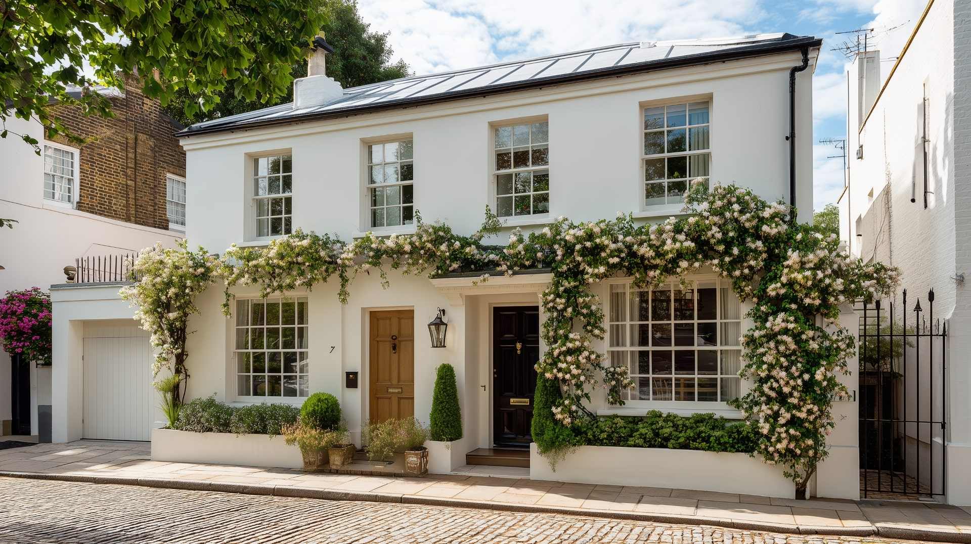 Classic home exterior featuring bright walls protected by durable resin-based wall coating.