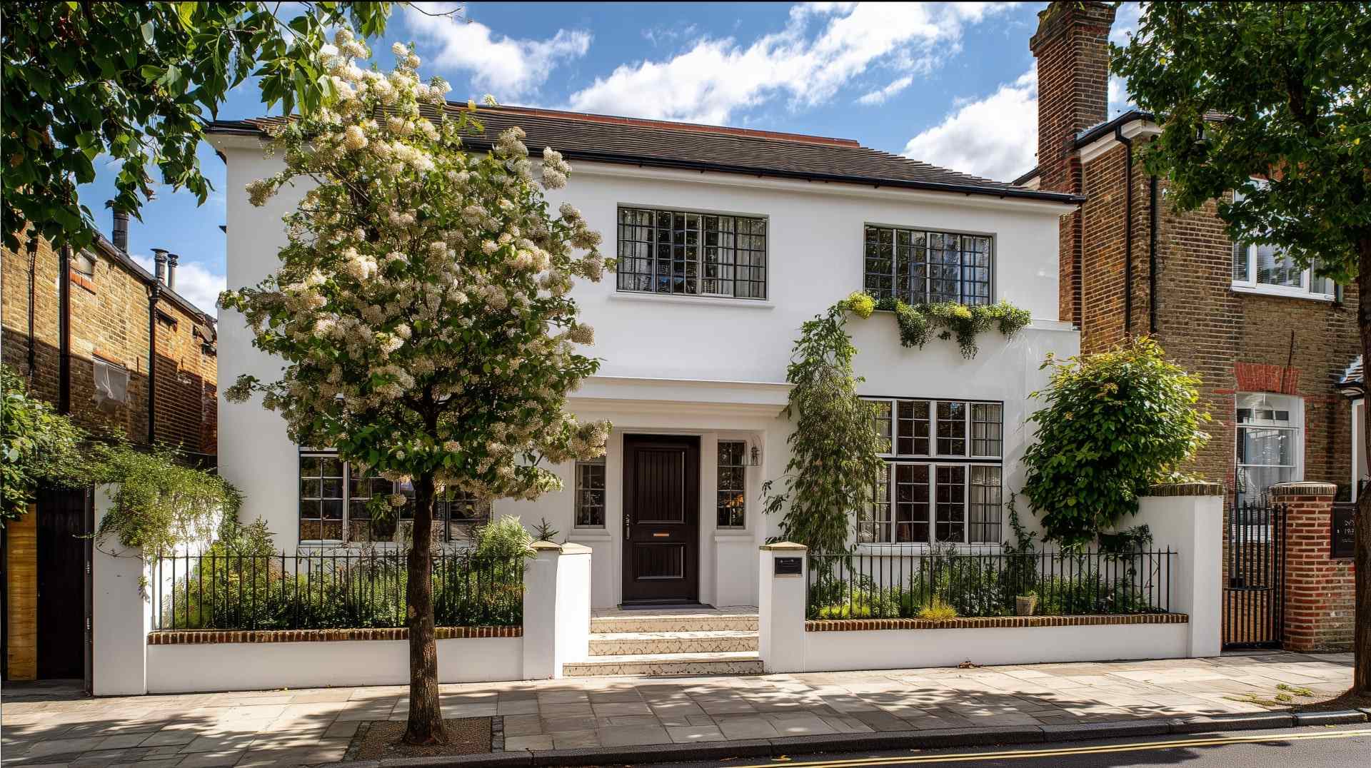 White stucco house with a low wall and iron fence, dark wooden door, and a blooming tree in the front garden.