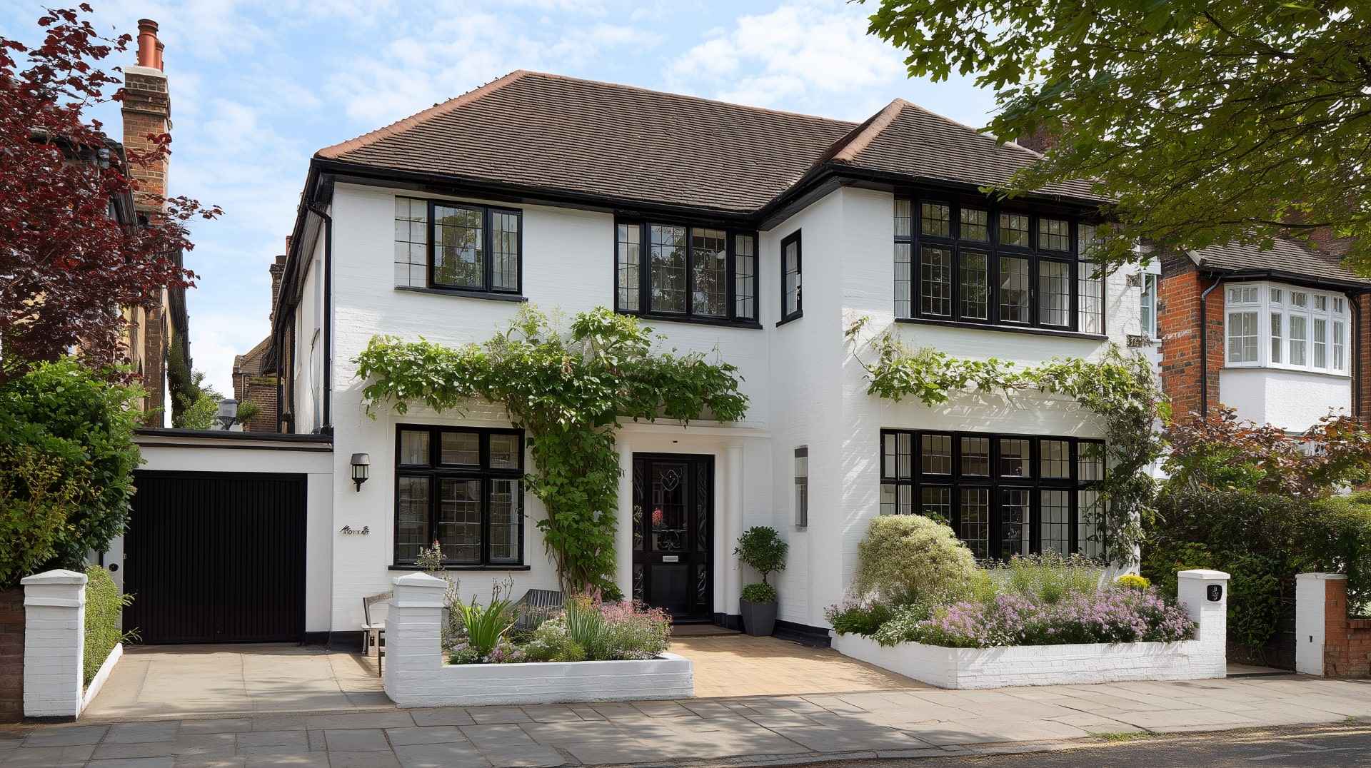 Renovated suburban house with white brick wall, black windows, a garage, and greenery climbing the entryway.