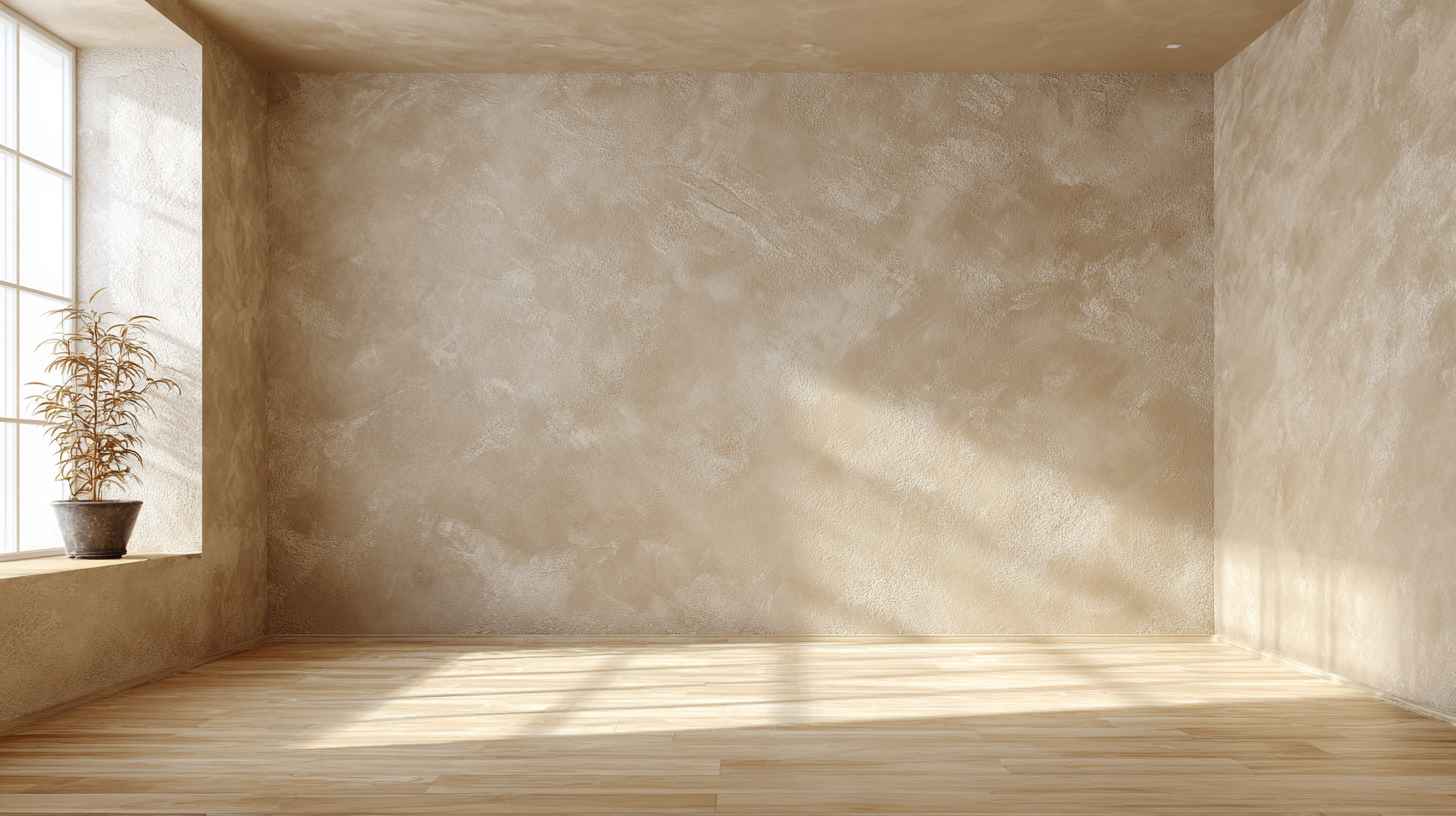 Warm beige textured wall coated with durable decorative coating for natural interior aesthetics.