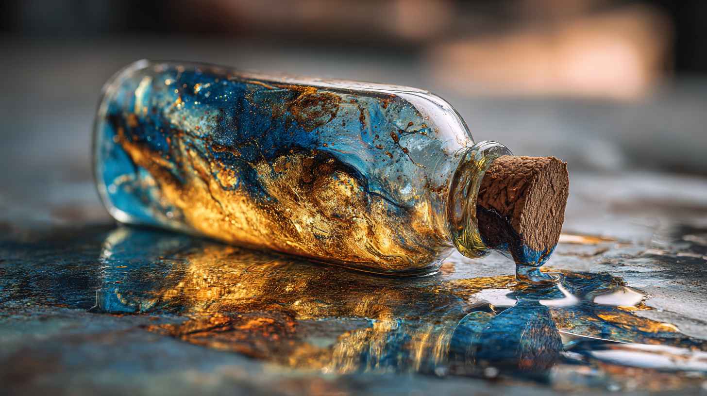Bottle filled with blue and gold pigments sealed with cork, representing UV resin or epoxy mixture.