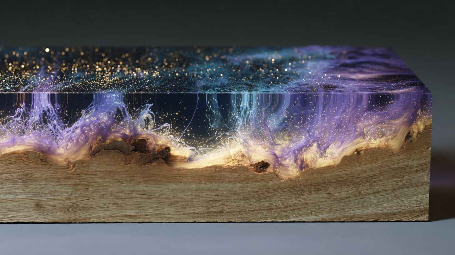 Decorative art block made with wood and glowing pigments in UV resin or epoxy with cosmic design.