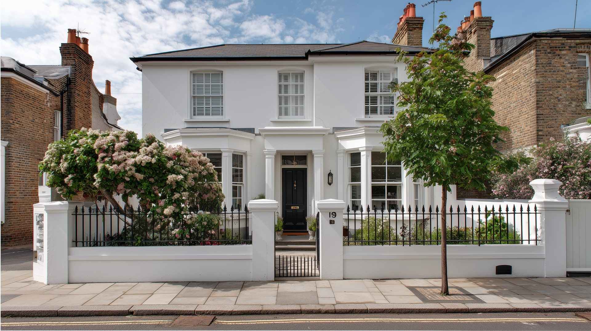 Elegant two-story Victorian house with white brick walls, black door, and garden fence.