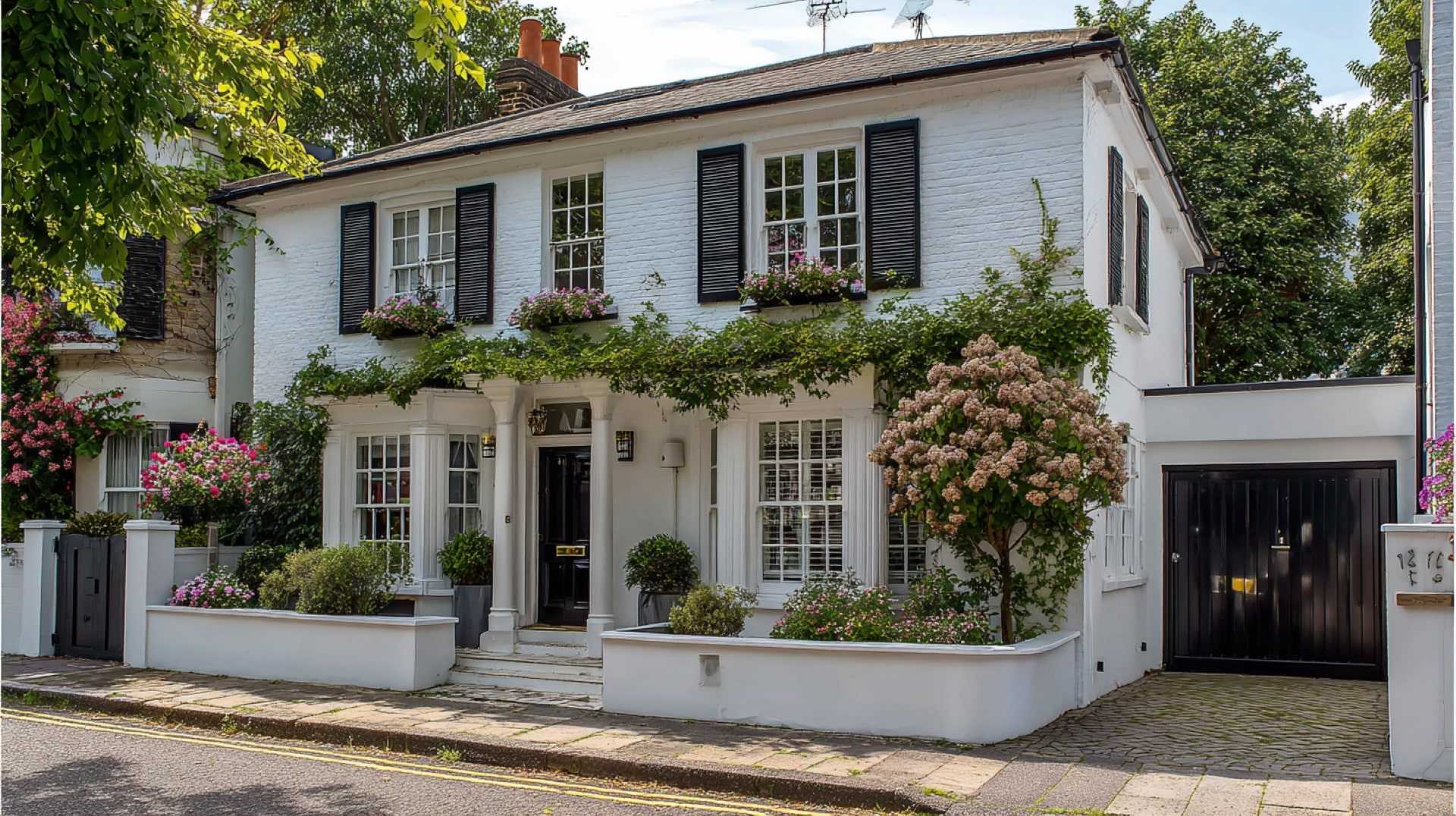 Elegant white house exterior with black accents showcasing durable Weather Coating protection.