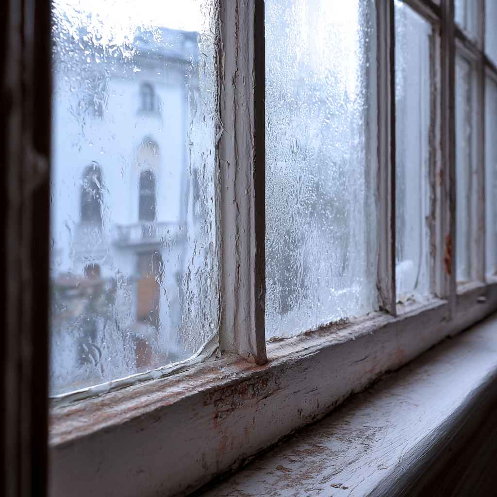 Condensation forming on old window frame causing dampness and a wet interior wall inside a poorly insulated room.