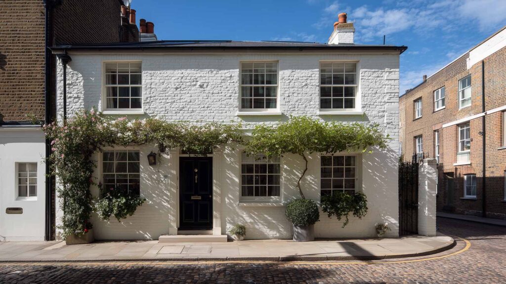 Classic white brick home with pebbledash wall texture and green climbing plants under clear blue sky.