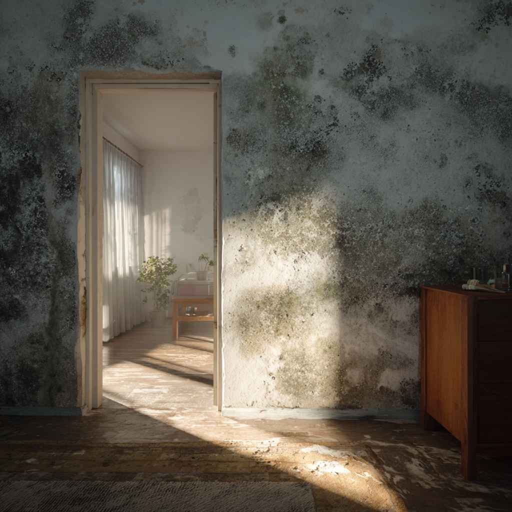 Damp and mouldy interior wall showing need for timely White Paint Maintenance and repair.