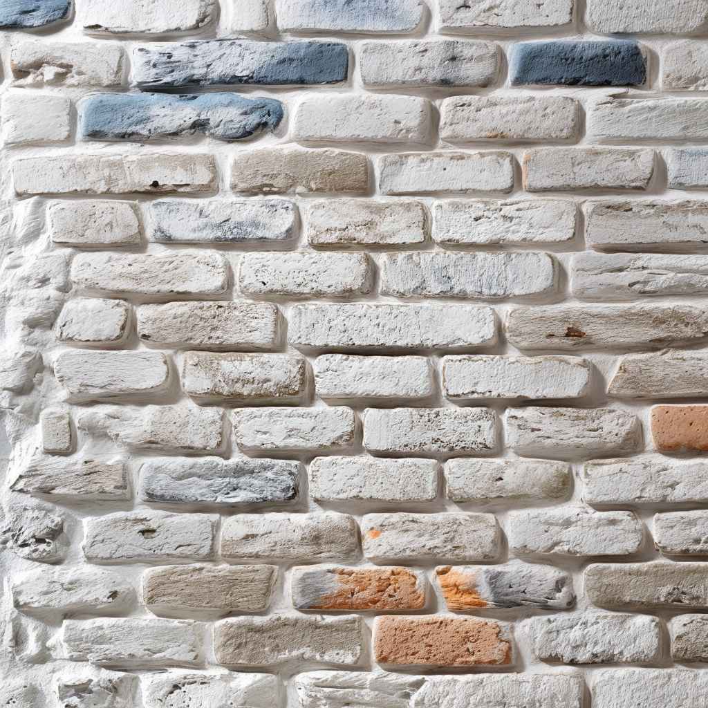 Whitewashed brick wall with natural texture and subtle tones of blue and beige bricks.