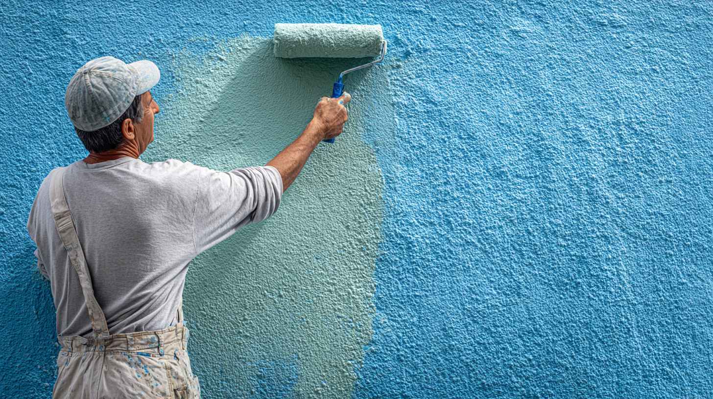Worker painting exterior house wall with light green paint using roller brush