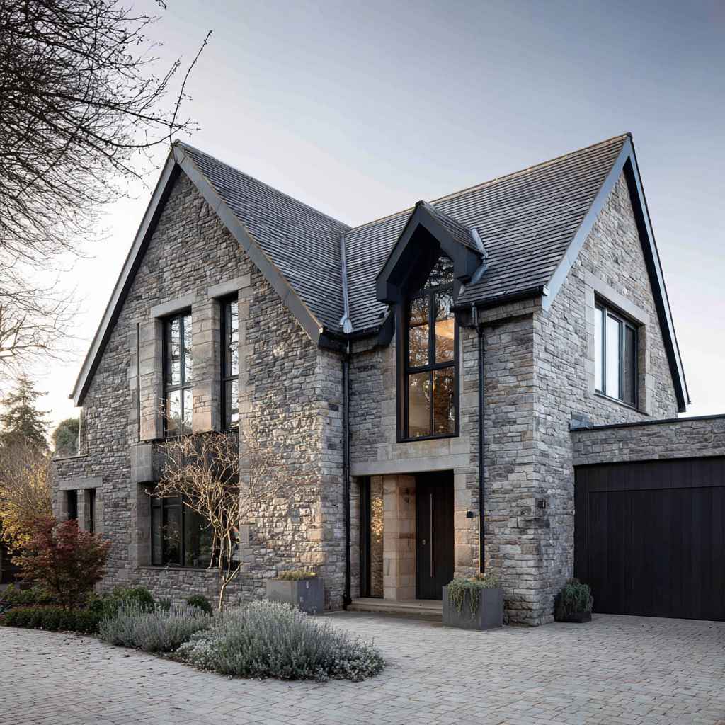 Modern home with Stone Cladding Exterior showing natural textures and contemporary window design.
