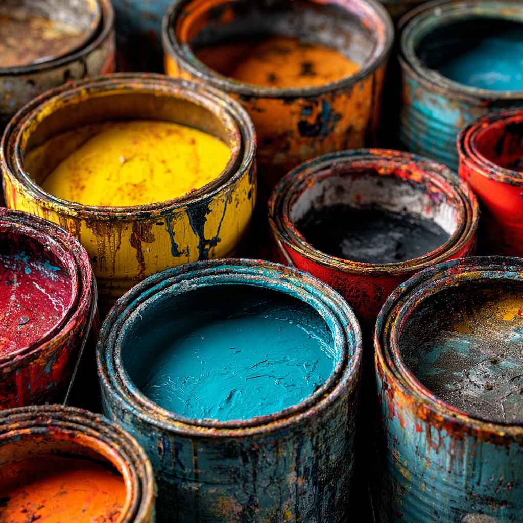 Close-up of old paint cans with dried colours representing How Do You Discard Paint responsibly.