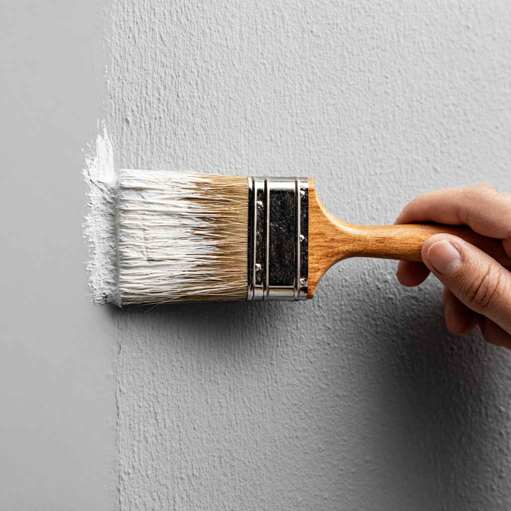 Close-up of a brush applying white paint on a wall during an Outdoor Painting project.