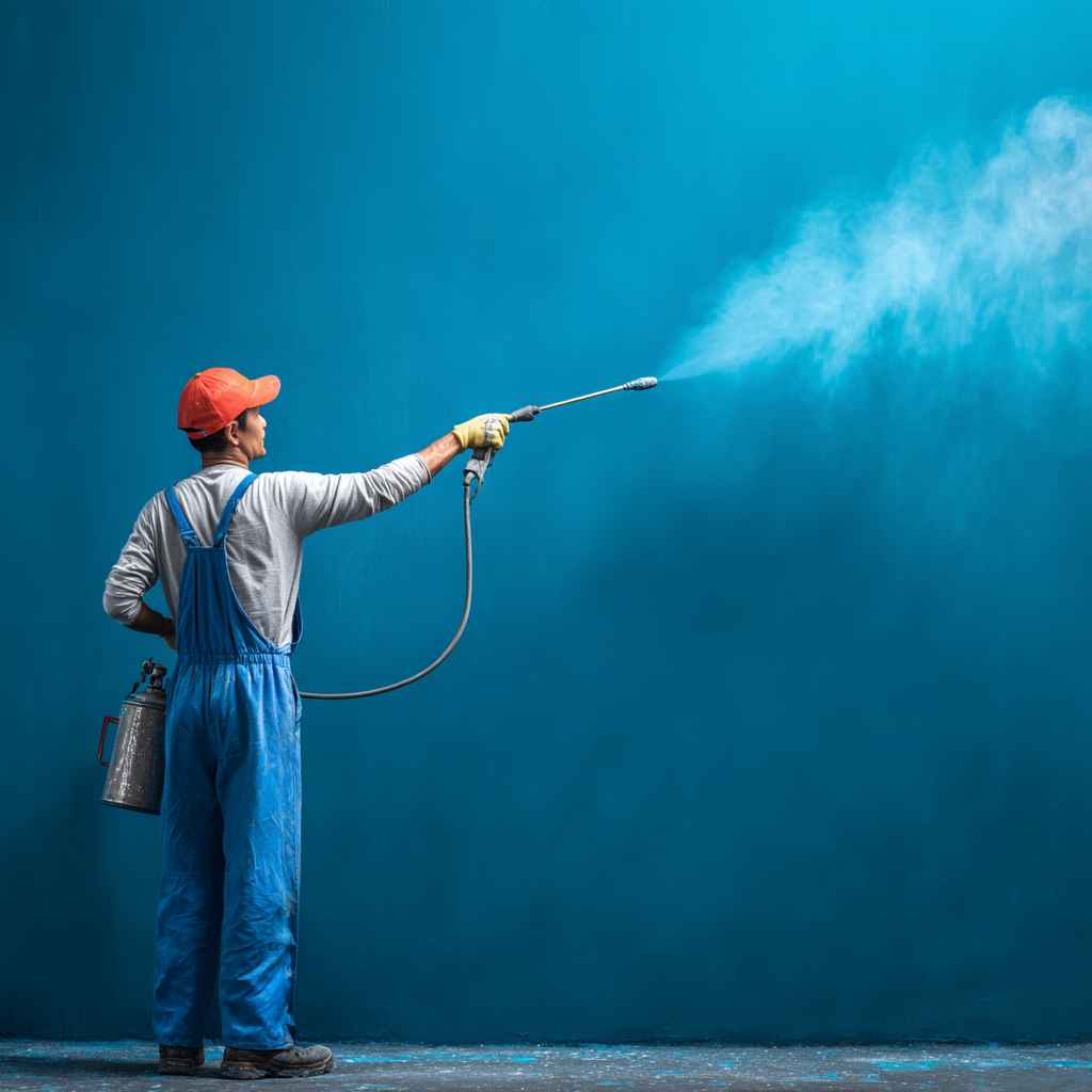 Paint contractor using spray gun for smooth wall coating in a professional painting project.