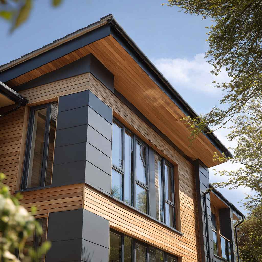 Contemporary building showcasing wooden and dark panel Exterior Coloured Renders for a stylish façade.